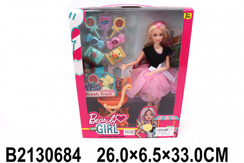 Кукла "Модница" с шарнирными руками, в комплекте тележка и игрушечные продукты, в/к 26х6,5х33 см
