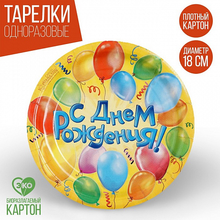 Тарелка бумажная "С днем рождения" воздушные шары (набор 6 шт) 334184