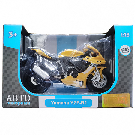 ТМ "Автопанорама" Мотоцикл металл. 1:18 YAMAHA YZF-R1 SCALE , желтый, свободный ход колес, в/к