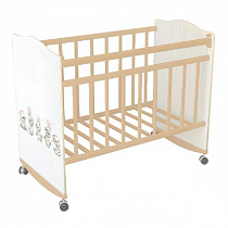 Кровать детская "My Dream"(натуральный-белый Зайки) (фигурн.спин., колесо-качалка, опуск.планка)