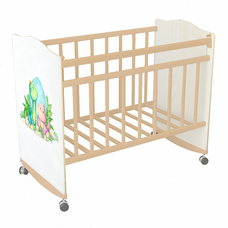 Кровать детская "My Dream" натуральный-белый Динозаврики(фигурн.спин., колесо-качалка, опуск.планк